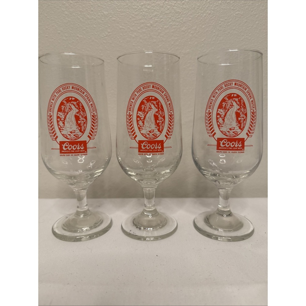 Vintage Red Coors Beer Clear Glass Stemware Goblets  10 oz drink Rocky Mountain‎